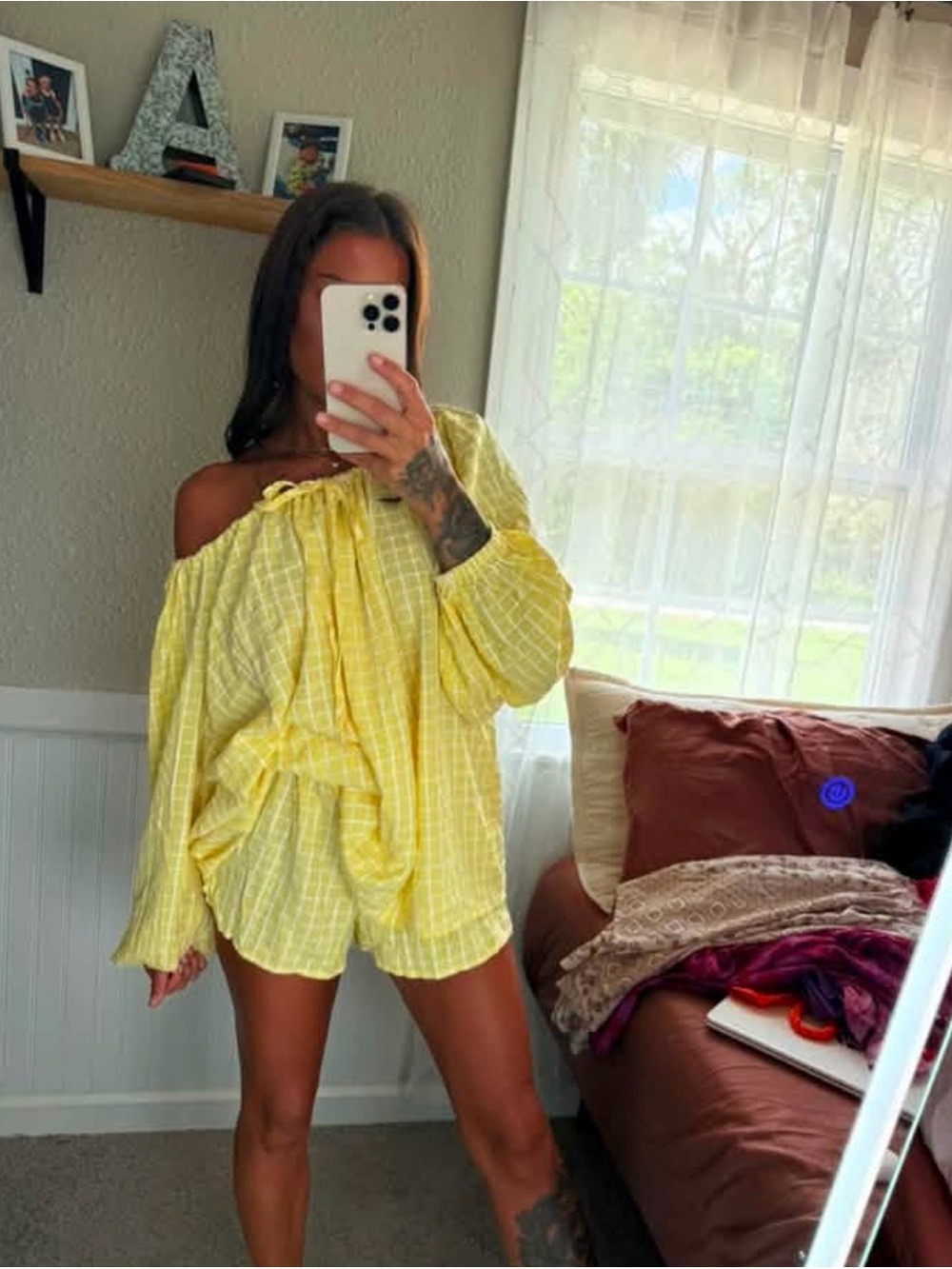 Yellow Off-Shoulder Plaid Women's two piece set.